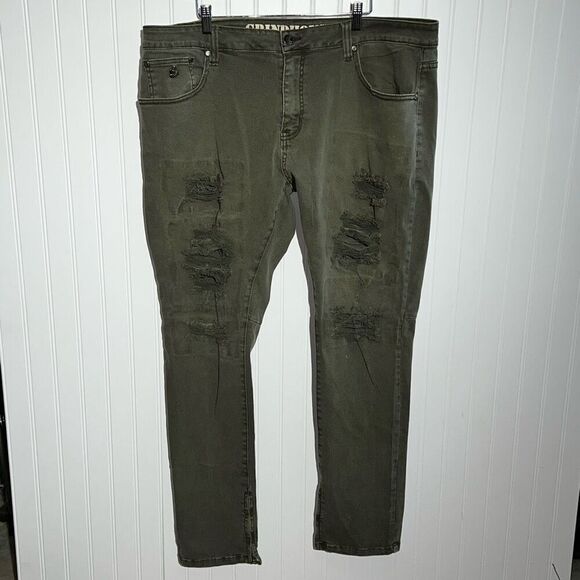 Grindhouse Jeans Men 40X34 Green Denim Distressed Ripped Stained Destroyed Zip - Picture 2 of 10
